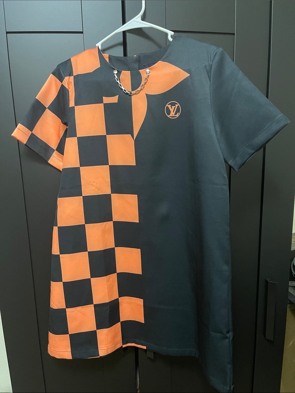 Louis Vuitton Black and Orange Checkerboard Mini Dress